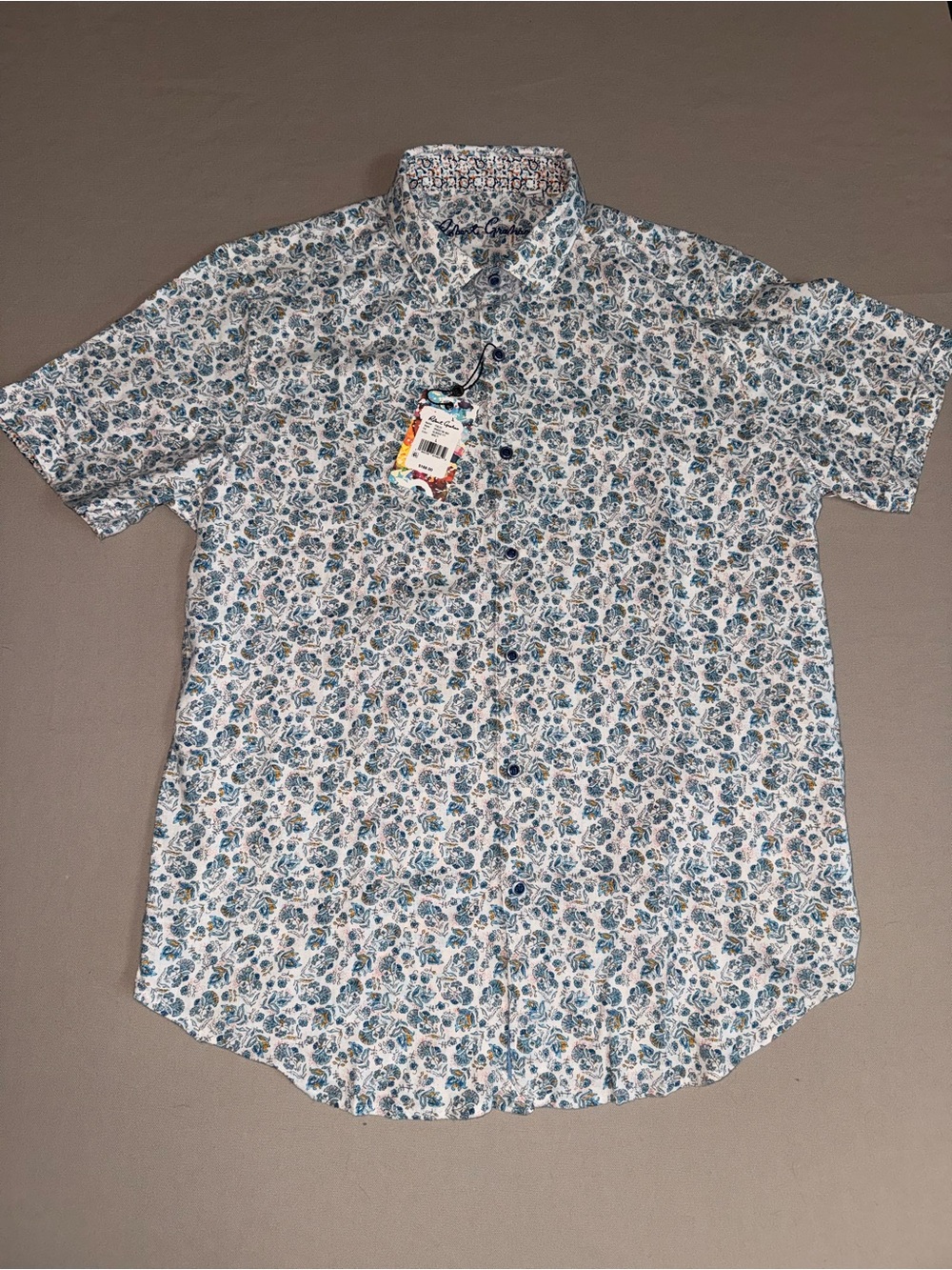 Robert Graham Blue & White Paisley floral Short Sleeve Button-Down L NEW